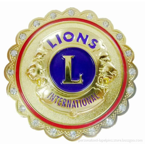 Souvenir Lions Logo Metal Pin Badges, With Filling Colors And Gold Finish And Yellow Ropes
